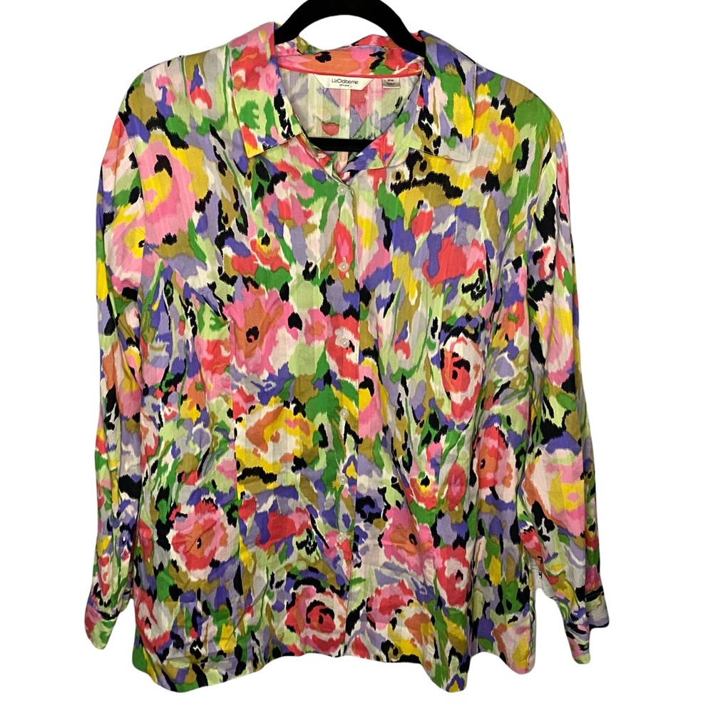 LIZ CLAIBORNE Floral Button Up Shirt | Size 16 | Long Sleeves | Gauzy | Vibrant